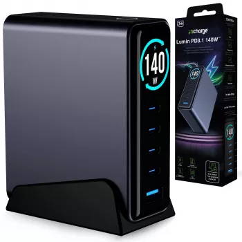 3mk InCharge namizni polnilnik Lumin PD3.2 140W QC5 PPS AFC FCP SCP 1A4C TFT GaN3 zaslon črn