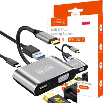ZENWIRE USB-C večportni adapter zvezdišče 4-v-1 HDMI 4K VGA USB-A siva BYL-2310