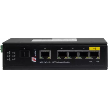 GETFORT GF-110-4PG-1G-1S industrijsko stikalo PoE+, 4x PoE+ 10/100/1000Base-T + 1x 10/100/1000Base-T + 1x 1000Base-X SFP, od -40 °C do 80 °C, vodilo DIN, 65W proračun PoE