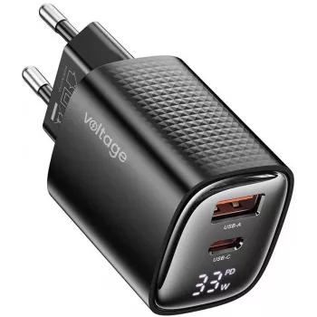 Voltage GaN polnilnik Mini 33W PD 3.0 QC 3.0 USB-A USB-C digitalni zaslon črn