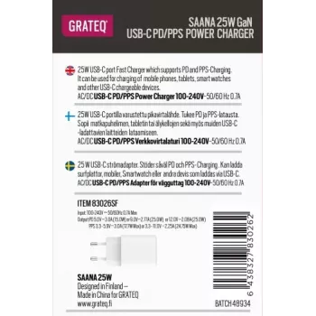 GRATEQ SAANA GaN USB-C 25W PD/PPS stenski polnilnik, bel