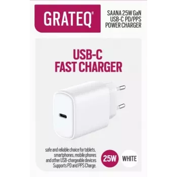 GRATEQ SAANA GaN USB-C 25W PD/PPS stenski polnilnik, bel