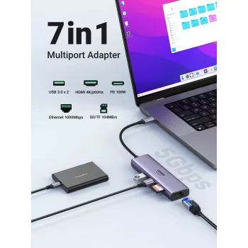 UGREEN 60515 7-v-1 USB-C zvezdišče, 4K 60Hz HDMI, Ethernet, 100 W PD, sivo