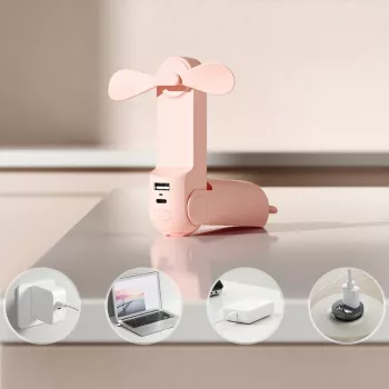 Jisulife Life8 ročni ventilator, prenosni USB ventilator z powerbank 2000mAh in svetilko, roza
