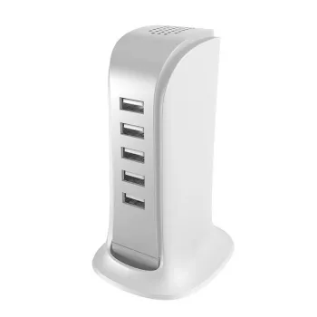 Dudao 5x USB polnilnik z vgrajenim EU napajalnim kablom bel (A5EU)
