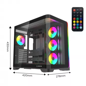 Rampage LYRON Mid Tower ohišje za igralni računalnik, 7x ARGB PWM ventilatorji, kaljeno steklo, črno