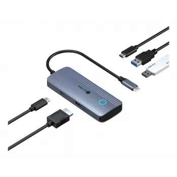 IcyBox IB-DK4081-SO Spade Dock 4081 5-v-1 potovalna priklopna postaja s funkcijo polnjenja z ugasnjenim zaslonom, USB-C, HDMI 4K, gigabitni Ethernet, 2x USB-A, 100W PD, aluminij