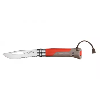 Opinel No. 08 Outdoor rdeč večnamenski žepni nož s ključem za zanko in varnostno piščalko