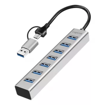 LogiLink USB 3.0 hub 7x USB-A 2-v-1 povezovalni kabel srebrn