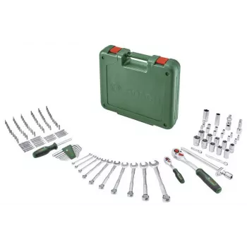 BOSCH POWERTOOLS 134-delni komplet orodja za DIY v zelenem kovčku z ročnim orodjem, nastavki, pritrdilnim materialom in dodatki