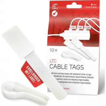 LABEL THE CABLE LTC 2620-10 kabelske vezice z ježkom za večkratno uporabo z vgrajenimi nalepkami, bele, 10 kosov
