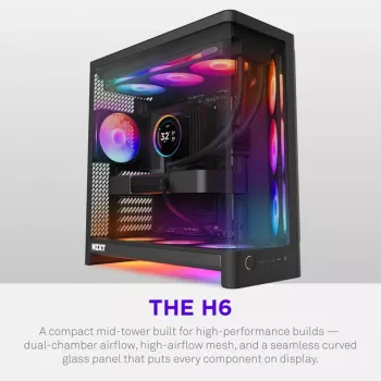 NZXT H6 RGB+ 2026 Mid-Tower Airflow igralno ohišje črno kaljeno steklo