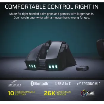CORSAIR Ironclaw Wireless SE igralna miška - 26.000 DPI, optična, SLIPSTREAM Wireless, Bluetooth, USB, RGB, črna