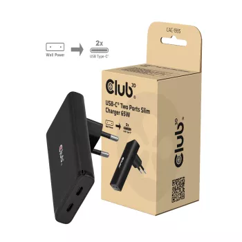 Club 3D CAC-1935 Slim 65W Dual-USB-C-GaN-PD-3.1-PPS polnilnik, črn