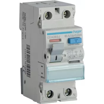 HAGER CDA263J zaščitno stikalo na diferenčni tok 1P+N 63A 30mA tip A 6kA 230V 2-Modul za DIN letev