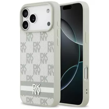 DKNY ovitek s karirastim vzorcem in natisnjenimi črtami za iPhone 17 Pro Max – bež