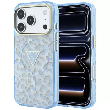 GUESS IML Leopard Glitter Triangle Logo MagSafe ovitek za iPhone 18 Pro Max / 17 Pro Max, moder