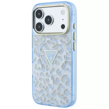 GUESS IML Leopard Glitter Triangle Logo MagSafe ovitek za iPhone 18 Pro Max / 17 Pro Max, moder