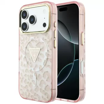 GUESS IML Leopard Glitter Triangle Logo MagSafe ovitek za iPhone 18 Pro Max / 17 Pro Max, roza