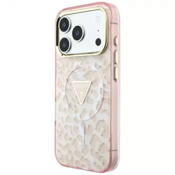 GUESS IML Leopard Glitter Triangle Logo MagSafe ovitek za iPhone 18 Pro Max / 17 Pro Max, roza