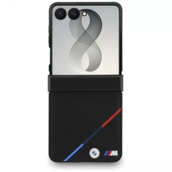 BMW M usnjen MagSafe ovitek s perforiranimi trikolor črtami za Samsung Galaxy Z Flip8 – črn