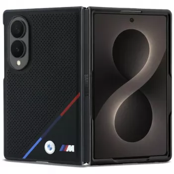 BMW M usnjen MagSafe ovitek s perforiranimi trikolor črtami in kovinskimi logotipi za Samsung Galaxy Z Fold8 – črn