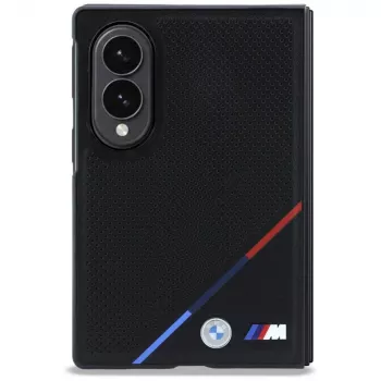BMW M usnjen MagSafe ovitek s perforiranimi trikolor črtami in kovinskimi logotipi za Samsung Galaxy Z Fold8 – črn