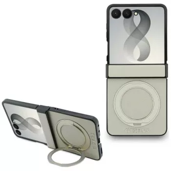 Guess Magnetic Ring Stand Grained Classic Logo MagSafe ovitek za Samsung Galaxy Z Flip 8, bež
