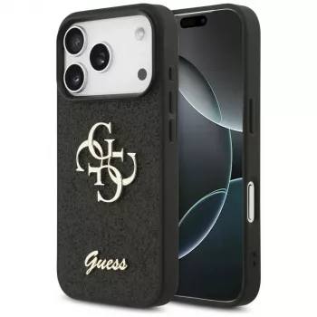 GUESS Fixed Glitter Big 4G ovitek za iPhone 18 Pro / 17 Pro - črn