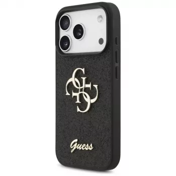 GUESS Fixed Glitter Big 4G ovitek za iPhone 18 Pro / 17 Pro - črn