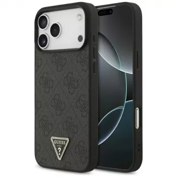 GUESS usnjeni 4G Triangle Strass MagSafe ovitek za iPhone 18 Pro Max / 17 Pro Max, črn
