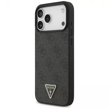 GUESS usnjeni 4G Triangle Strass MagSafe ovitek za iPhone 18 Pro Max / 17 Pro Max, črn