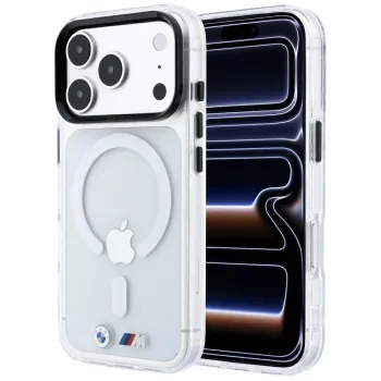 BMW M IML ovitek MagSafe s sijajnim kovinskim logotipom in obrobami za iPhone 18 Pro / 17 Pro – prozoren