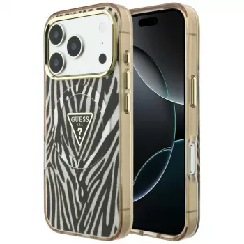 GUESS IML Zebra Glitter Triangle Logo MagSafe ovitek za iPhone 18 Pro Max / 17 Pro Max - zlat