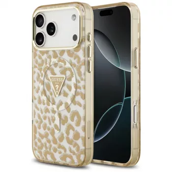 GUESS IML Leopard Glitter Triangle Logo MagSafe ovitek za iPhone 18 Pro / 17 Pro, rjav