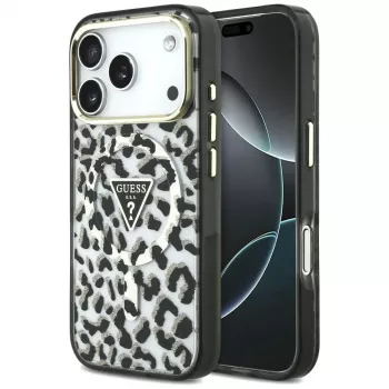 GUESS IML Leopard Glitter Triangle Logo MagSafe ovitek za iPhone 18 Pro / 17 Pro, črn