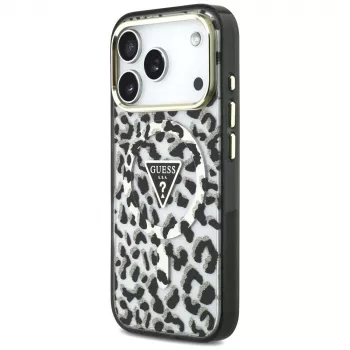 GUESS IML Leopard Glitter Triangle Logo MagSafe ovitek za iPhone 18 Pro / 17 Pro, črn