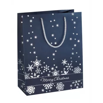 SIGEL GT110 set darilnih vrečk srebrne snežinke, 3 kosi, prevlečen papir, beli ročaji iz tekstilne vrvice, kovinski sijaj, za božič in zimo, 230 x 180 x 100 mm