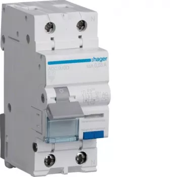 Hager ADC910D RCBO 2P 10A 30mA tip AC zaščitno stikalo na diferenčni tok z zaščito pred preobremenitvijo