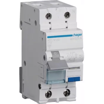 Hager ADC910D RCBO 2P 10A 30mA tip AC zaščitno stikalo na diferenčni tok z zaščito pred preobremenitvijo