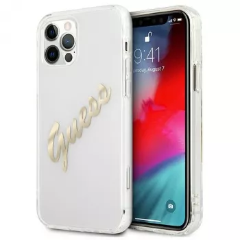 GUESS Vintage Script Gold trda ohišje za Apple iPhone 12 Pro Max - prozorno