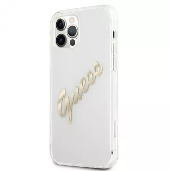 GUESS Vintage Script Gold trda ohišje za Apple iPhone 12 Pro Max - prozorno