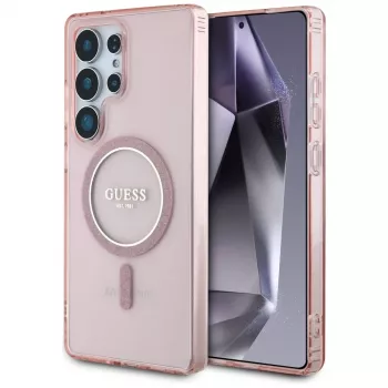 GUESS Glitter Circle Classic Logo MagSafe ovitek za Samsung Galaxy S25 Ultra - roza