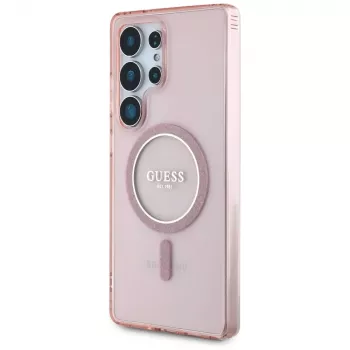 GUESS Glitter Circle Classic Logo MagSafe ovitek za Samsung Galaxy S25 Ultra - roza