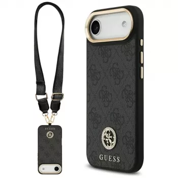 GUESS 4G Strass Logo ovitek MagSafe za iPhone Air s kovinskimi gumbi in zapestno zanko – črn