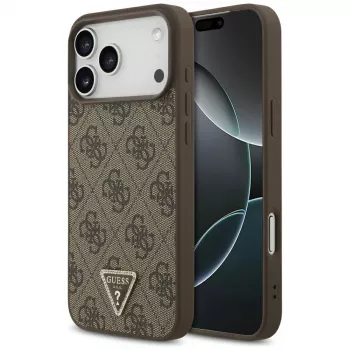 GUESS usnjen ovitek 4G Triangle Strass MagSafe za iPhone 18 Pro Max / 17 Pro Max, rjav