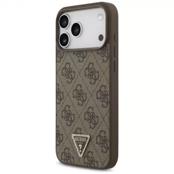 GUESS usnjen ovitek 4G Triangle Strass MagSafe za iPhone 18 Pro Max / 17 Pro Max, rjav