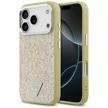 GUESS Glitter Triangle Logo ovitek MagSafe za iPhone 17 Pro – zlat