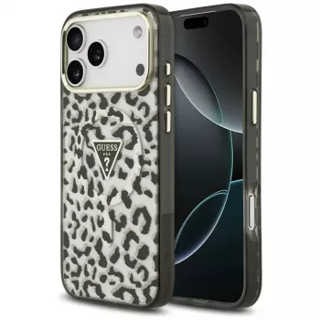 GUESS IML Leopard Glitter Triangle Logo ovitek MagSafe za iPhone 18 Pro Max / 17 Pro Max – črn