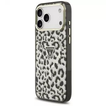 GUESS IML Leopard Glitter Triangle Logo ovitek MagSafe za iPhone 18 Pro Max / 17 Pro Max – črn